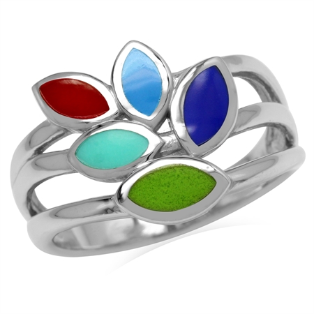 Created Green Gaspeite, Lapis & Turquoise & Red Coral 925 Sterling Silver 3-Line Leaf Ring