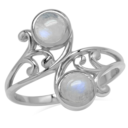 5MM Natural Round Shape Moonstone 925 Sterling Silver Leaf & Swirl Style Bypass Ring