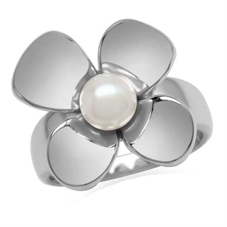 6MM White Cultured Freshwater Pearl 925 Sterling Silver Flower Ring