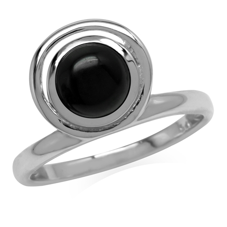 Natural Black Onyx 925 Sterling Silver Geometric Circle Ring