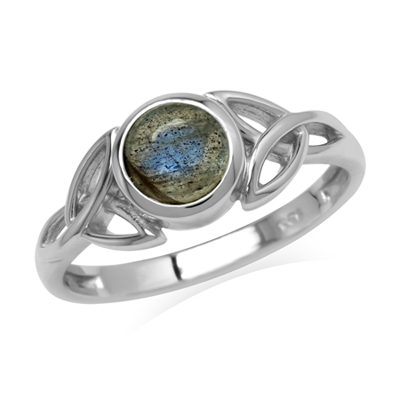 Natural 6 mm Round Labradorite Stone 925 Sterling Silver Triquetra Celtic Knot Ring
