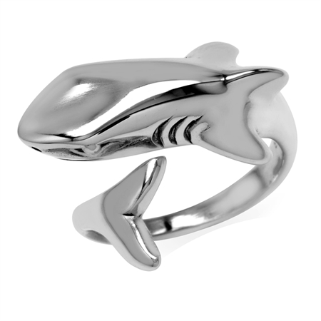 Teens Nautical Theme Great Shark 925 Sterling Silver Sea Animal Open Wrap Ring