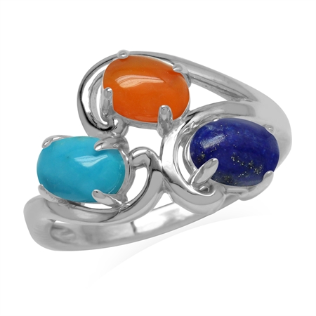 Genuine Lapis Lazuli, American Turquoise and Carnelian 925 Sterling Silver 3-Stone Cluster Ring