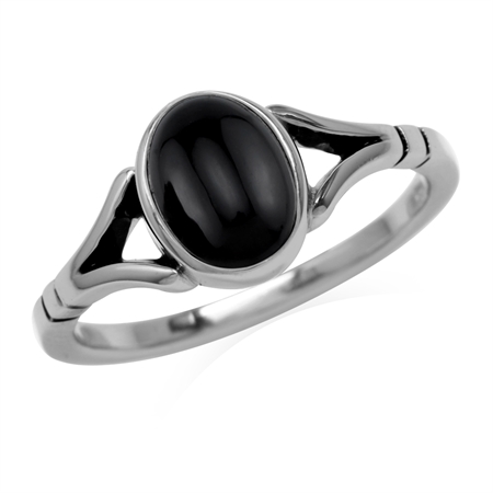 8X6mm Natural Black Onyx 925 Sterling Silver Solitaire Casual Gemstone Ring