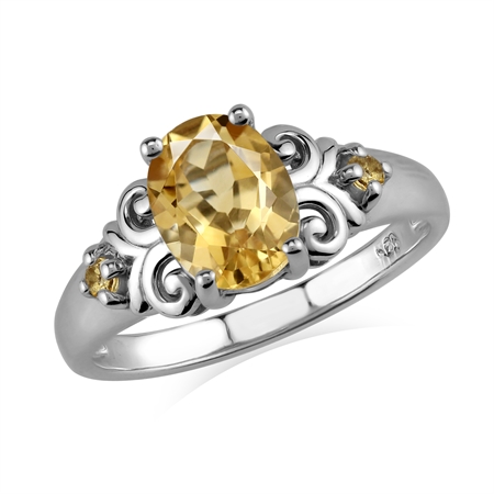 Genuine 1.92 CTW Yellow Citrine 9X7mm 925 Sterling Silver Victorian Style Ring