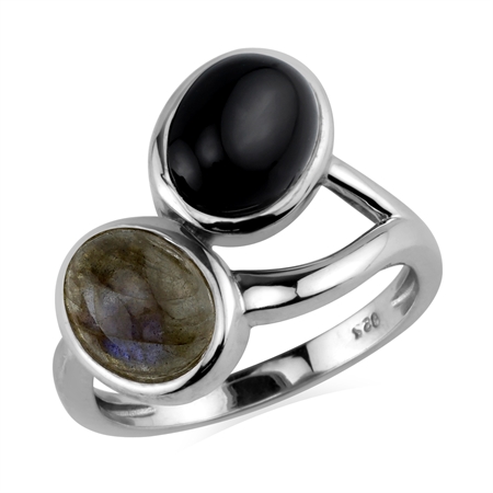 Twin Natural Black Onyx and Labradorite 9X7mm 925 Sterling Silver Casual Cabochon Ring