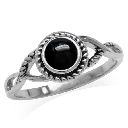 5MM Round Shape Created Black Onyx 925 Sterling Silver Rope Solitaire Ring