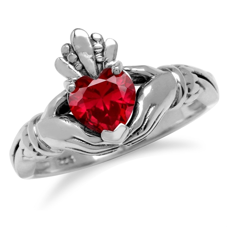 6MM Heart Shape Simulated Red Ruby Irish Celtic Claddagh 925 Sterling Silver Friendship Ring