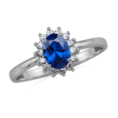 7X5mm Oval Created Blue Sapphire White Gold Plated 925 Sterling Silver Flower Cluster Gemstone Ring