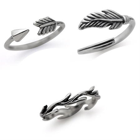 925 Sterling Silver Feather, Arrow & Wood Texture 3-Pc Set Knuckle/Midi Ring
