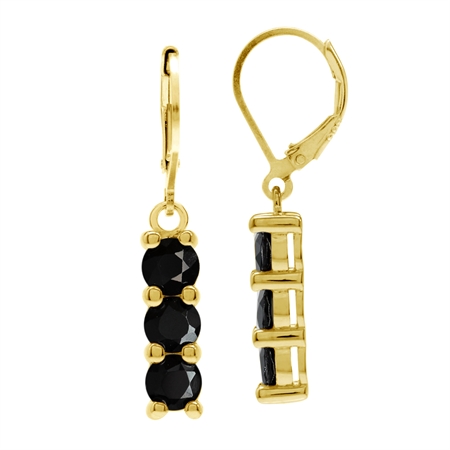 5MM 3-Stone Natural Round Shape Black Spinel 18K Gold Plated 925 Sterling Silver Leverback Earrings