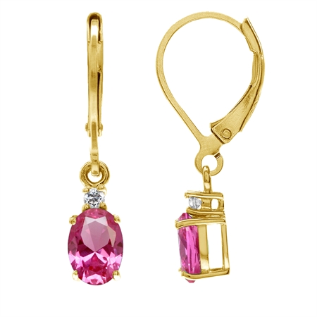 Petite 7X5mm Created Pink Tourmaline 18K Gold Plated 925 Sterling Silver Leverback Dangle Earrings