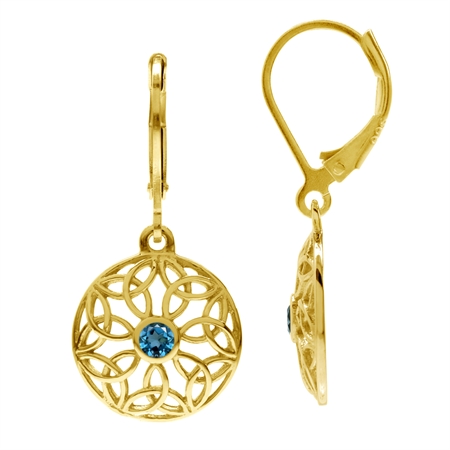 London Blue Topaz Gold Plated 925 Sterling Silver Triquetra Celtic Knot Circle Leverback Earrings