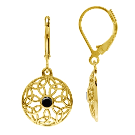 Natural Black Onyx Gold Plated 925 Sterling Silver Filigree Triquetra Celtic Knot Leverback Earrings