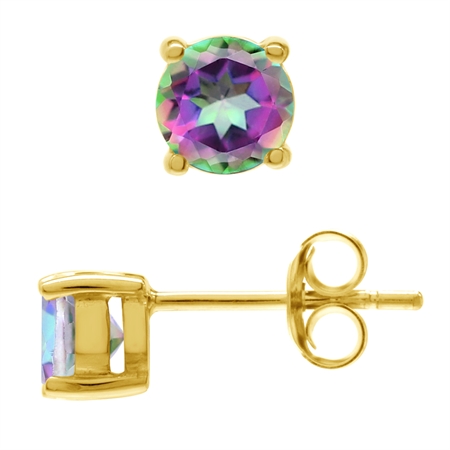 5MM Round Petite Genuine Mystic Fire Rainbow Topaz 18K Gold Plated 925 Sterling Silver Stud Earrings