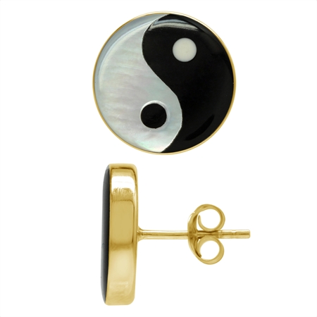 14MM White Mother of Pearl and Black Onyx 18K Gold Plated 925 Sterling Silver Yin Yang Stud Earrings