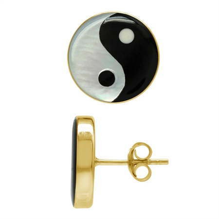 12MM White Mother of Pearl & Black Onyx 18K Gold Plated 925 Sterling Silver Yin Yang Stud Earrings