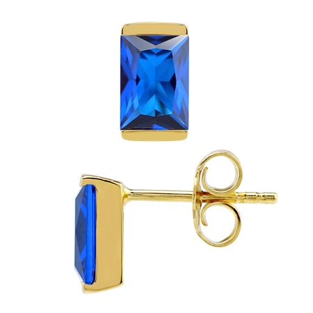 7X5mm Created Blue Sapphire 14K Gold Plated 925 Sterling Silver Business Attire Stud Post Earrings