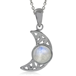 Natural Moonstone 925 Sterling Silver Filigree Crescent Moon Pendant w/ 18 Inch Chain Necklace