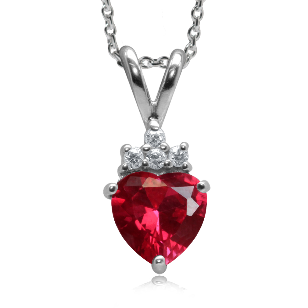 925 Sterling Silver Created Gemstone Heart Shape Pendant w/18