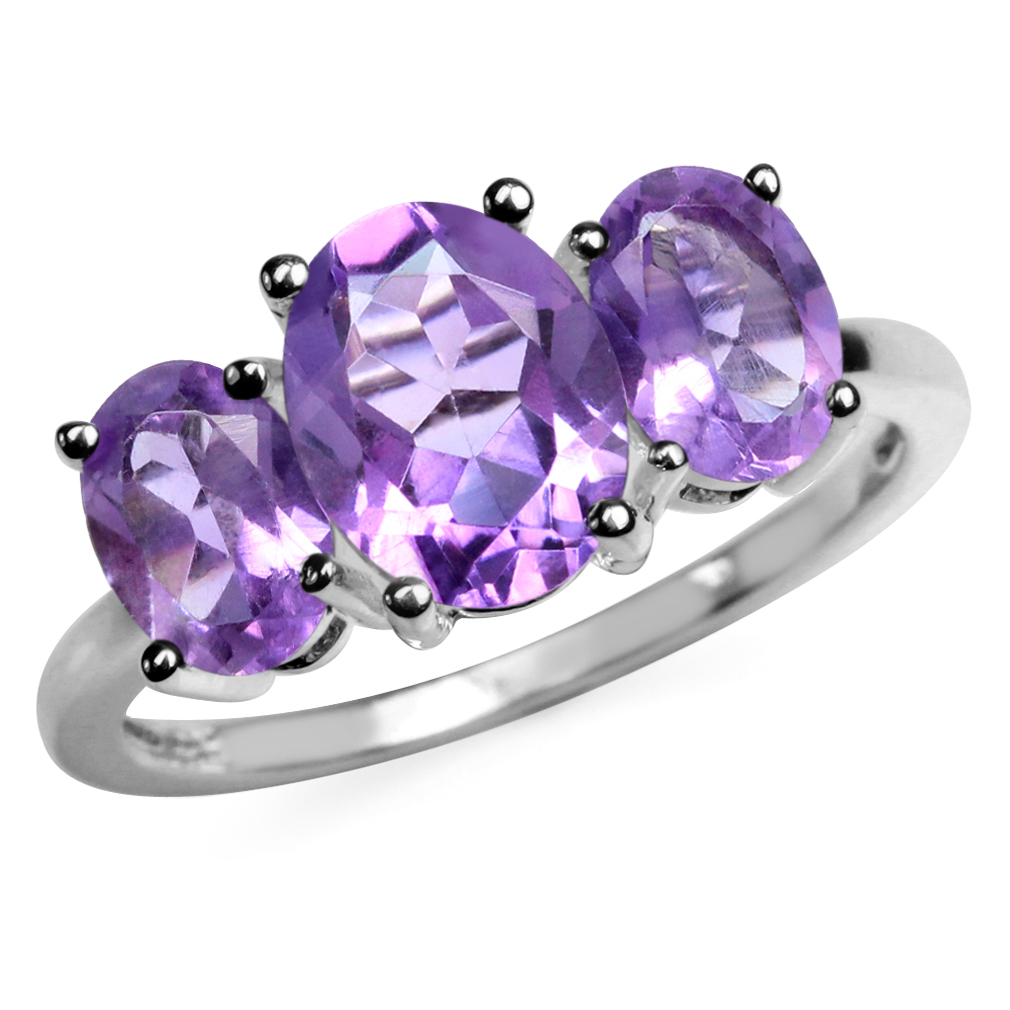 17ct. 3 Stone Natural Amethyst 925 Sterling Silver Ring  